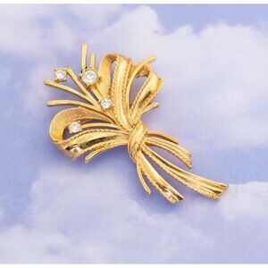 Vintage Art nouveau Gold tone Floral Ribbon with Rhinestone Brooch - S14